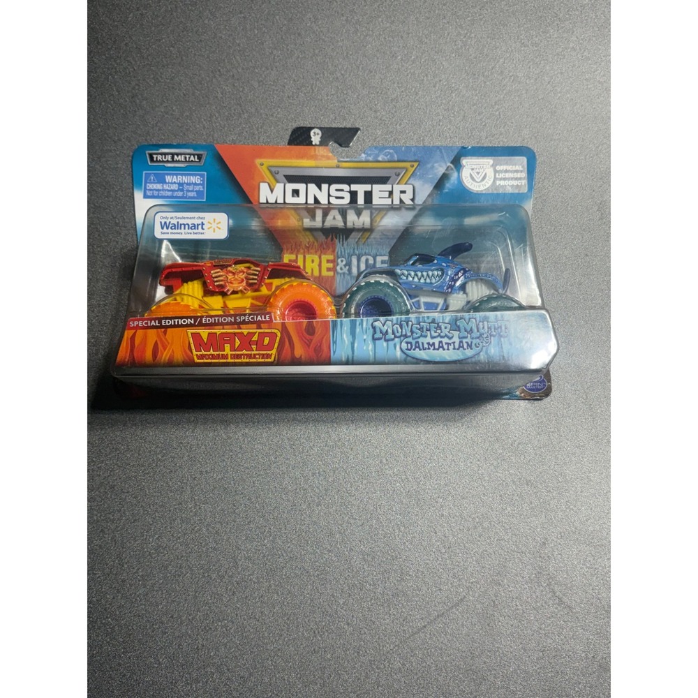 Monster Jam True Metal Fire and Ice 2-Pack Max-D Monster Mutt Dalmatian 1:64